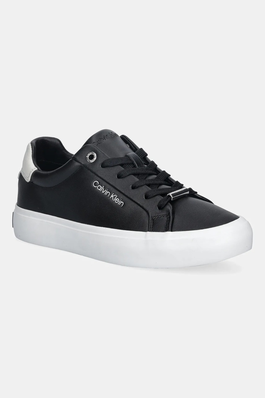 Levně Kožené tenisky Calvin Klein VULC LACE UP LTH/MOIRE BT dámské, černá barva, HW0HW02747