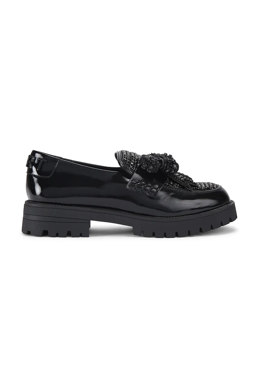 Kurt Geiger London mocasini de piele Bow Crystal Loafer culoarea negru, cu toc plat, 5388400109