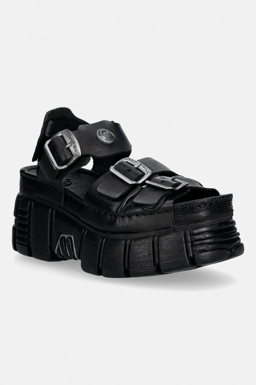 New Rock sandale de piele TANK LEATHER BLACK, TOWER NEGRO + LATER