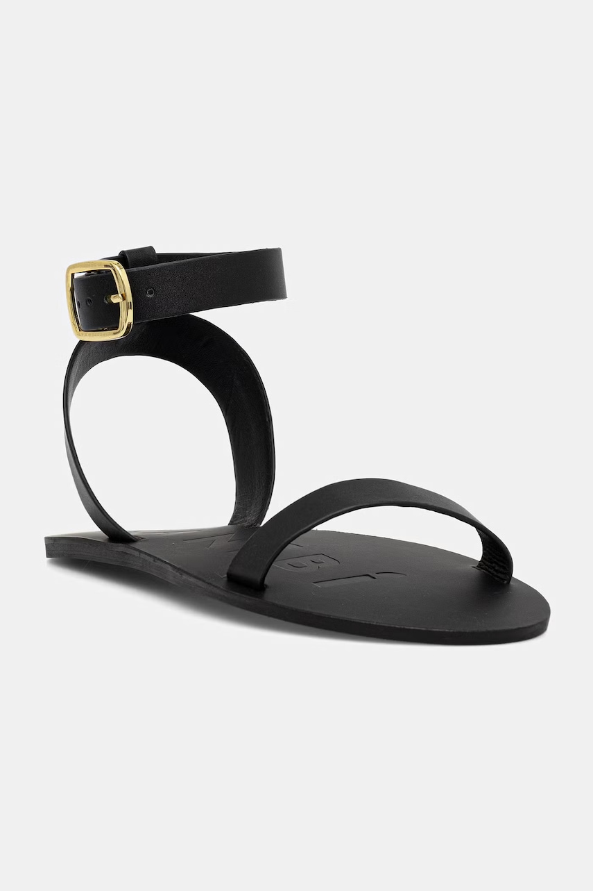 Manebi sandale de damă din piele negre cu o baretă și cataramă