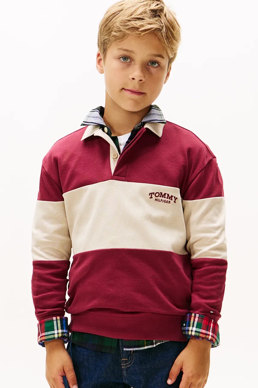 Levně Dětské bavlněné tričko s dlouhým rukávem Tommy Hilfiger červená barva, KB0KB10047