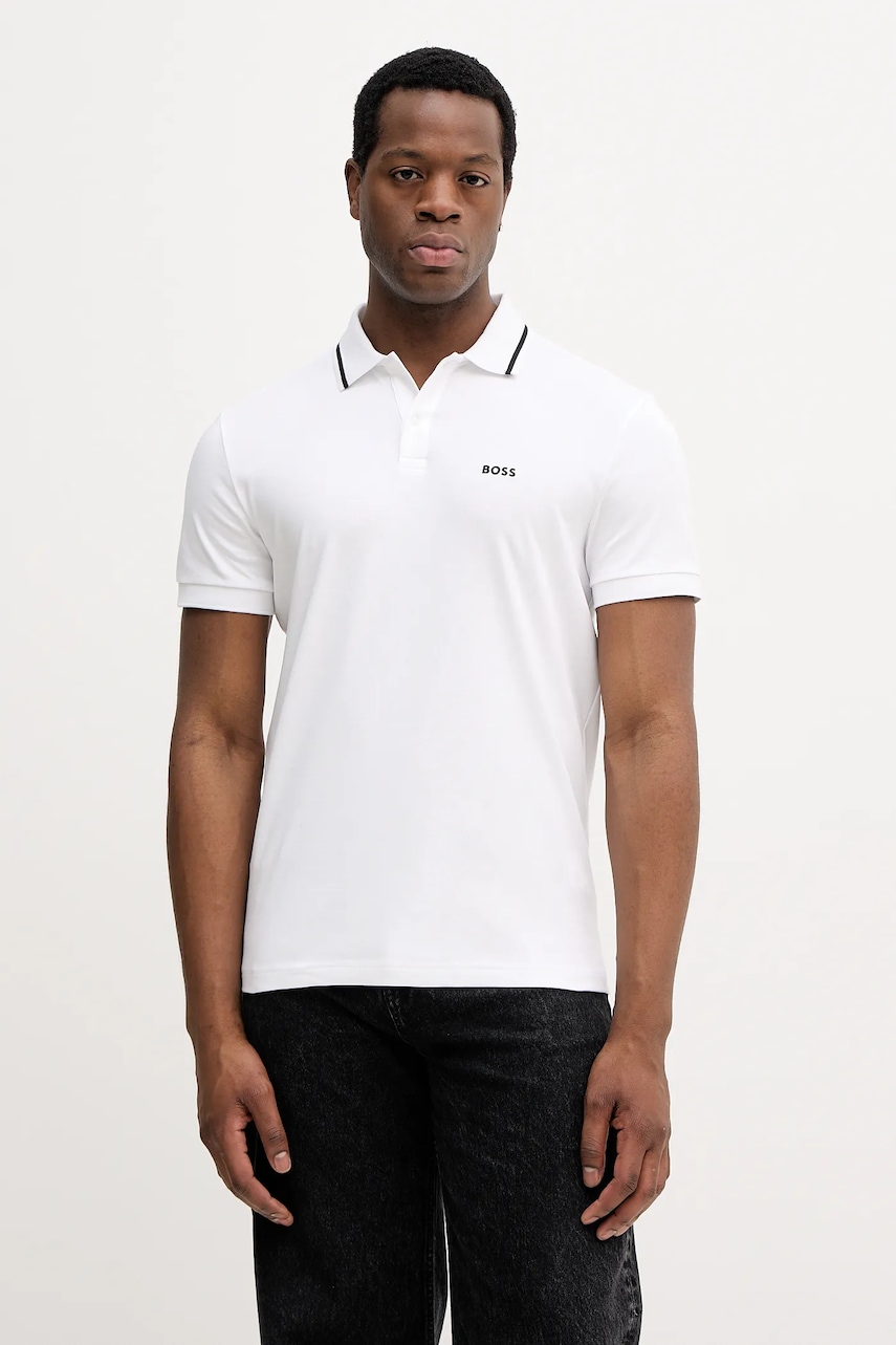 BOSS Green polo de bumbac culoarea alb, neted, 50554565