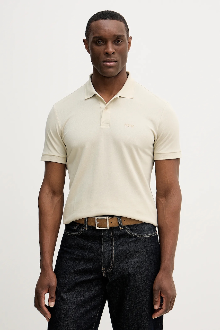 BOSS Green polo de bumbac Pio 1 culoarea bej, uni, 50554574