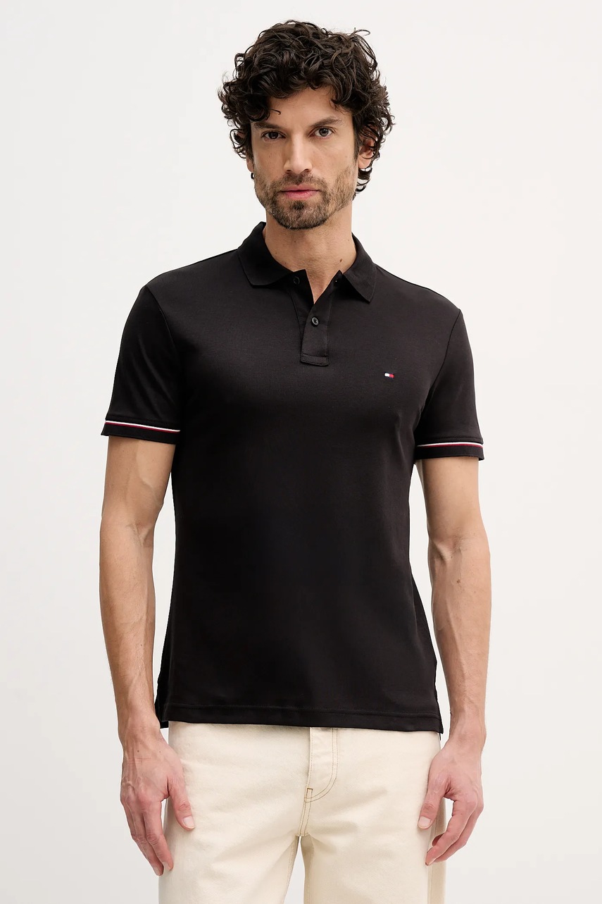 Levně Bavlněné polo tričko Tommy Hilfiger pánské, černá barva, s aplikací, MW0MW41612