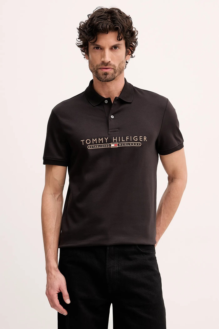 Levně Polo tričko Tommy Hilfiger pánské, černá barva, s aplikací, MW0MW41615