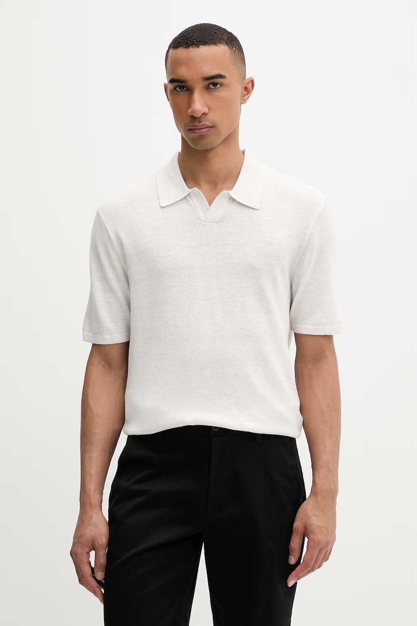 Calvin Klein Πλεκτό μπλουζάκι πόλο ανδρικό με πρόσμιξη λινού LV04LF313G μπεζ M,2XL,L,S,XL