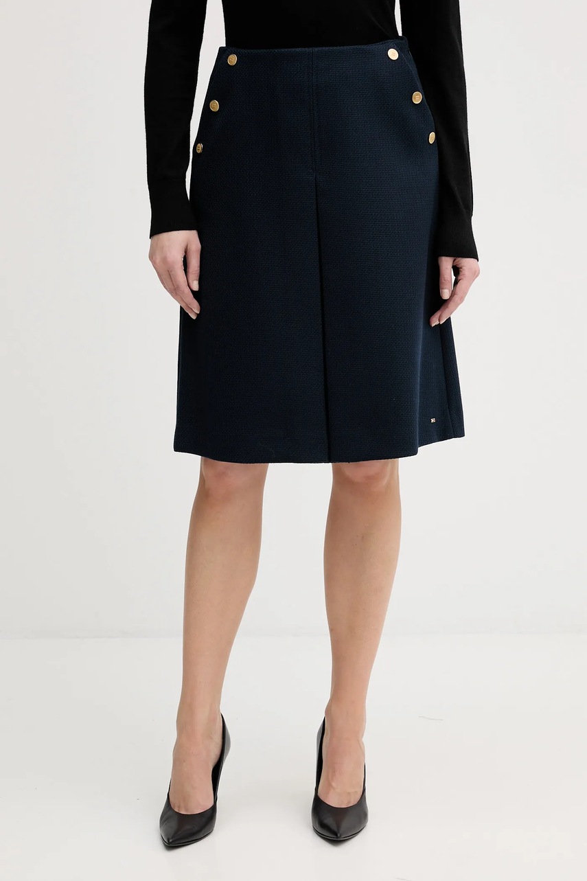 Levně Sukně s příměsí vlny Tommy Hilfiger tmavomodrá barva, mini, WW0WW49474