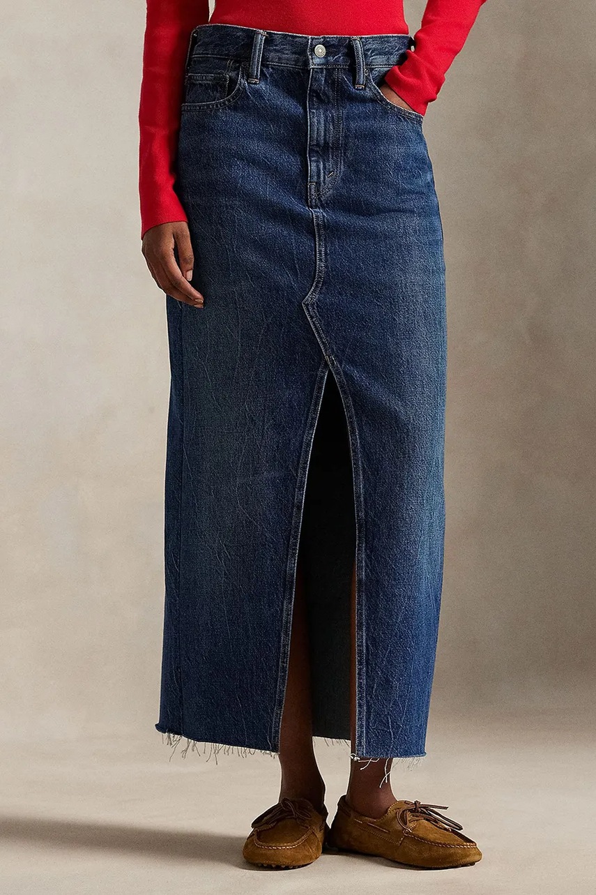 Levně Džínová sukně Polo Ralph Lauren tmavomodrá barva, midi, 211A95501