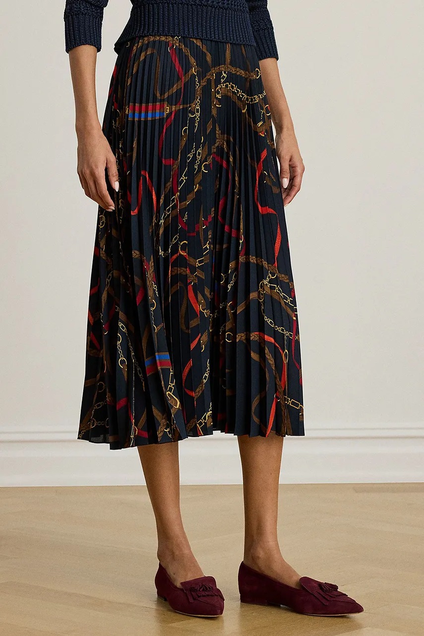 Levně Sukně Lauren Ralph Lauren tmavomodrá barva, midi, áčková, 200P03550