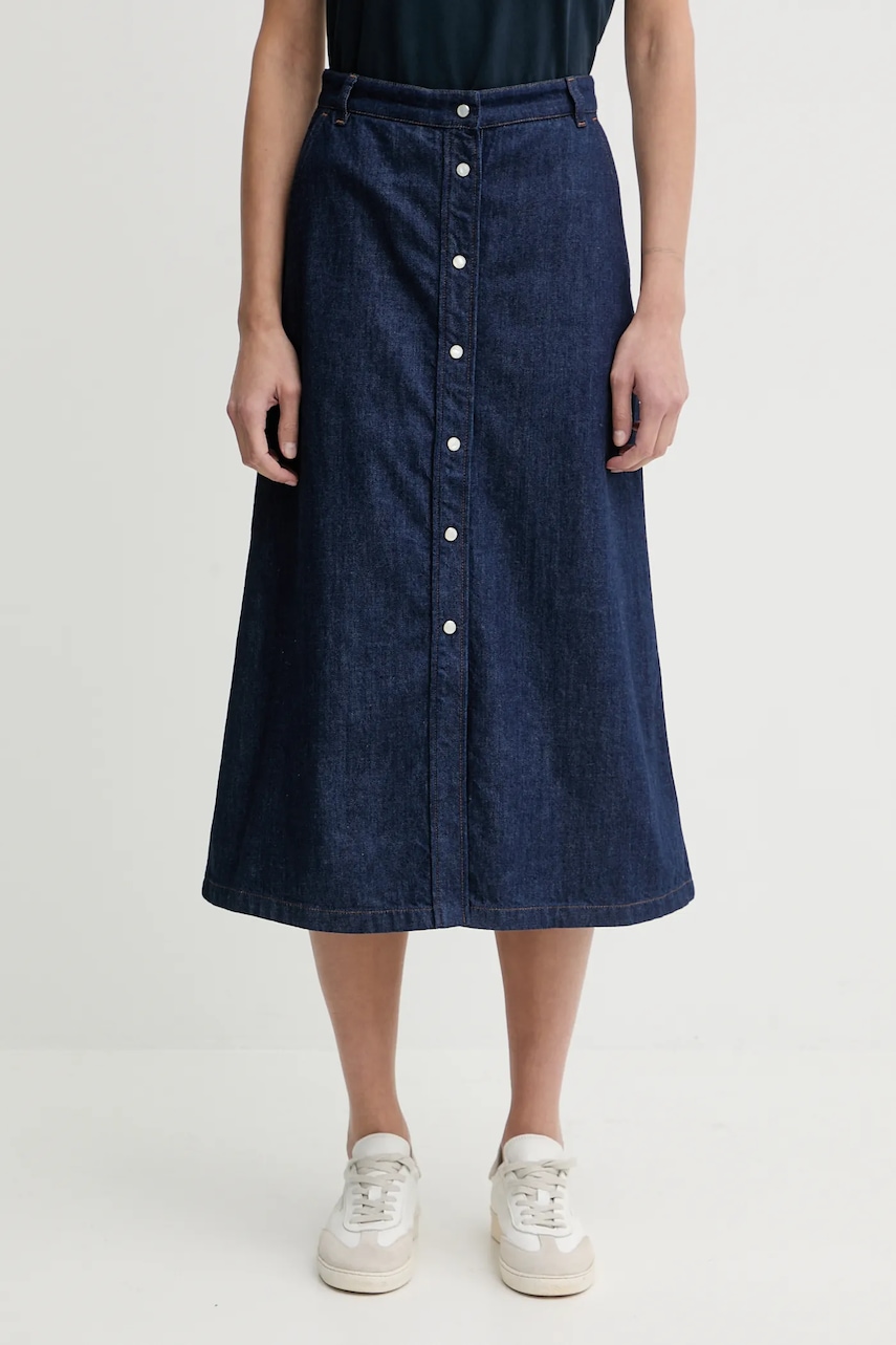 A.P.C. fustă jeans JUPE LONGUE culoarea bleumarin, midi, evazați, COHMJ.F06506