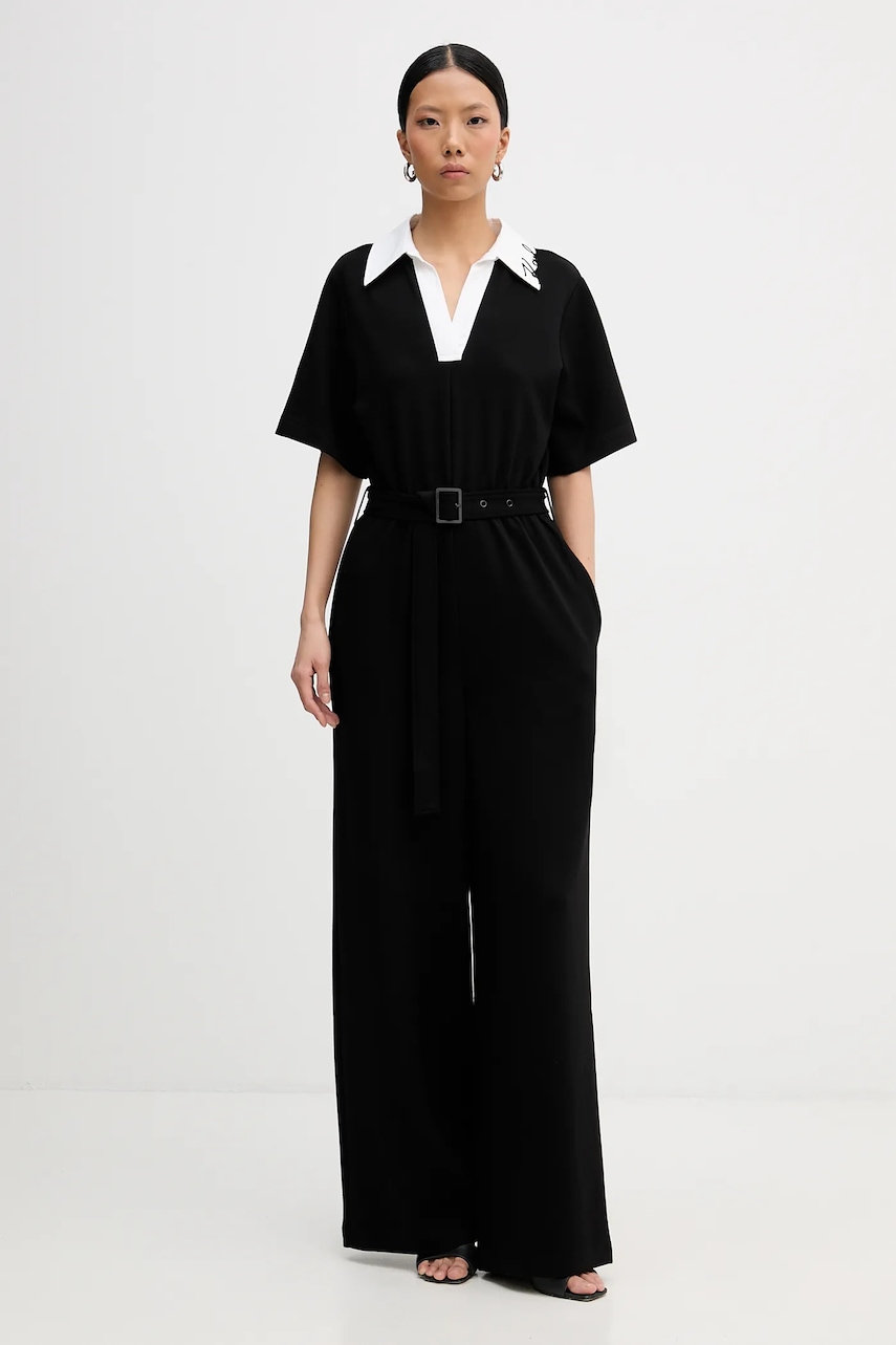 Karl Lagerfeld salopetă SIGNATURE culoarea negru, cu guler, B1W13031