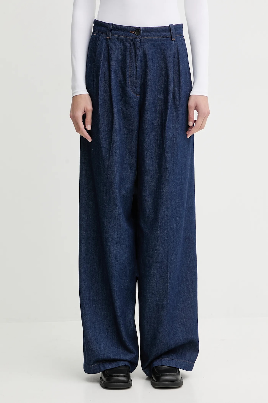 A.P.C. pantaloni de bumbac PANTALON GINNY culoarea bleumarin, lat, high waist, COHMJ.F08510