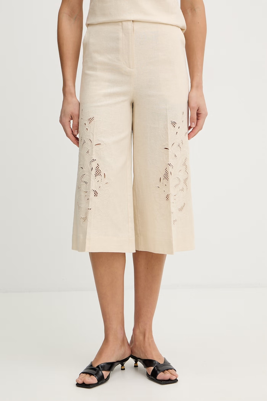 Twinset spodnie z dodatkiem lnu damskie kolor beżowy fason culottes high waist 261TP2313