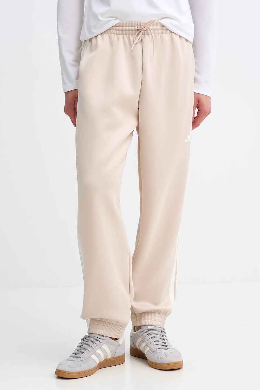 adidas pantaloni de trening Stadium culoarea bej, cu imprimeu, KC0418