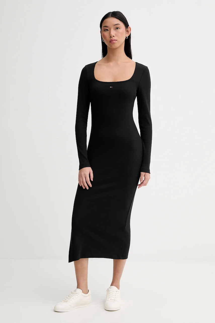 Tommy Jeans rochie culoarea negru, midi, drept, DW0DW21915