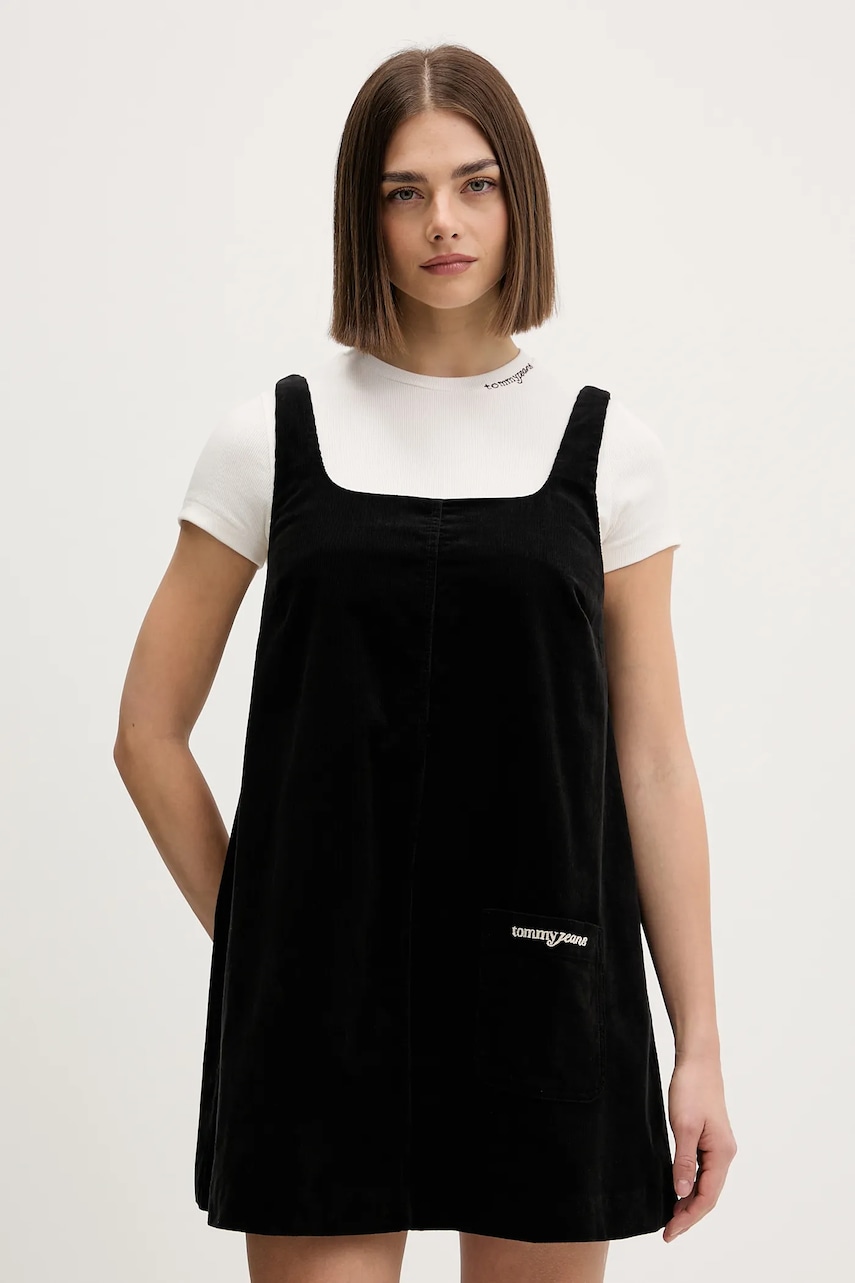 Tommy Jeans rochie din bumbac culoarea negru, mini, evazați, DW0DW22463