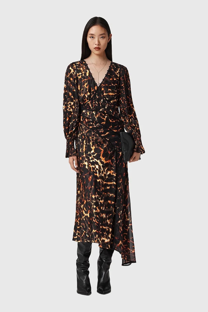 AllSaints rochie din mătase culoarea maro, midi, evazați, W102DD