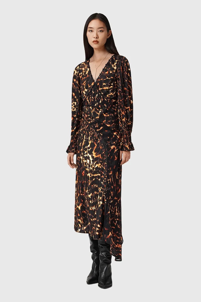 Сукня з додаванням шовку AllSaints колір коричневий midi розкльошена W102DD