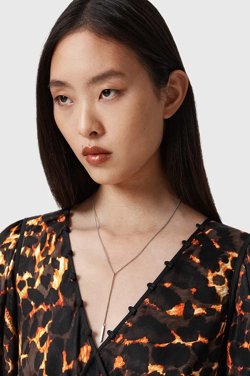 Сукня з додаванням шовку AllSaints колір коричневий midi розкльошена W102DD