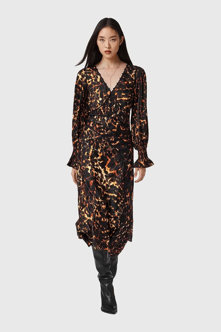 Сукня з додаванням шовку AllSaints колір коричневий midi розкльошена W102DD