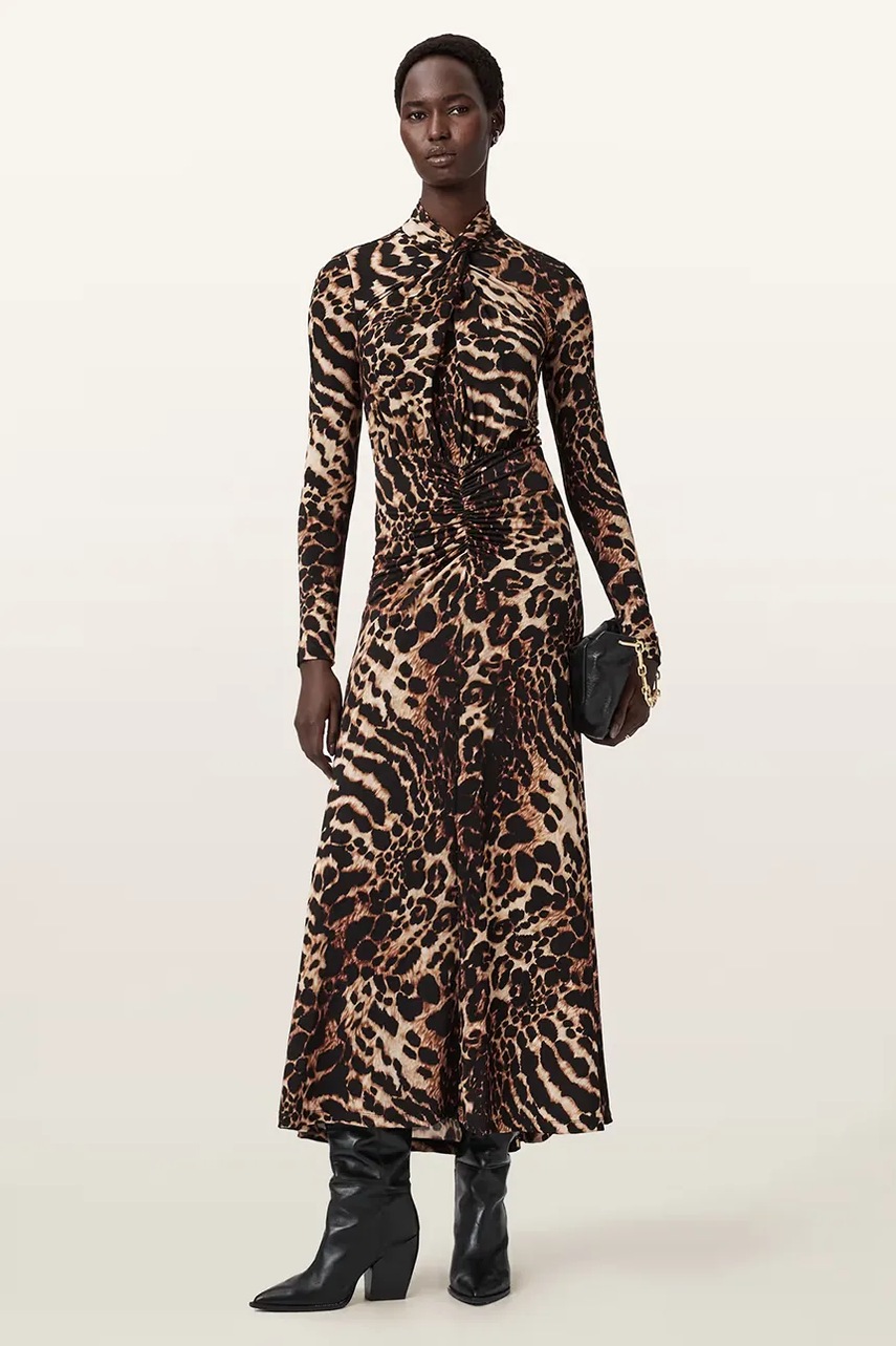 Сукня AllSaints колір коричневий maxi розкльошена W206DD