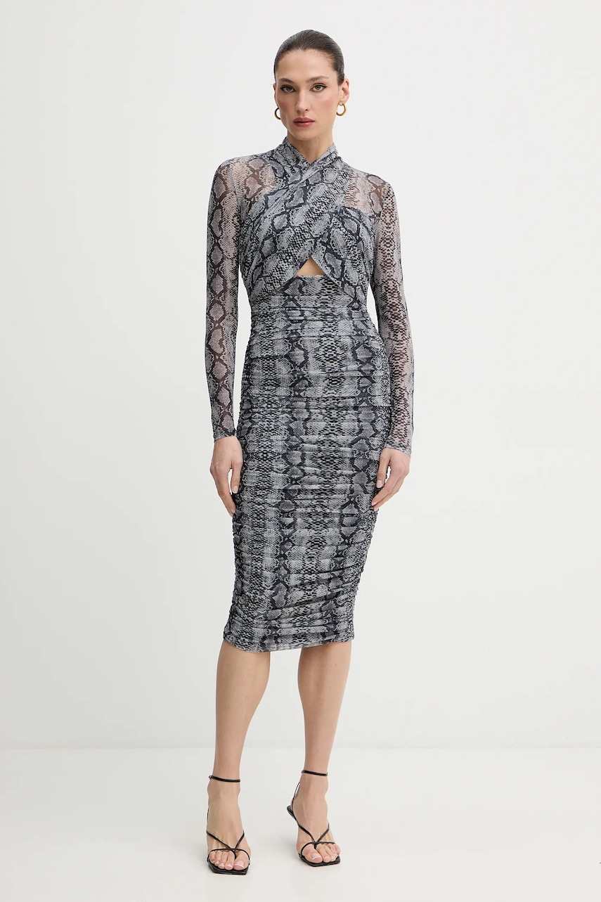 Bardot rochie culoarea gri, mini, mulată, 56305DB3