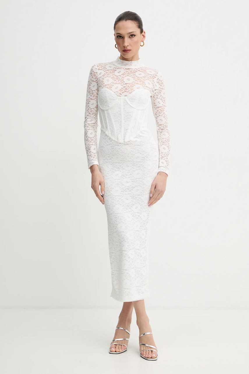 Bardot rochie culoarea bej, maxi, mulată, 60189DB