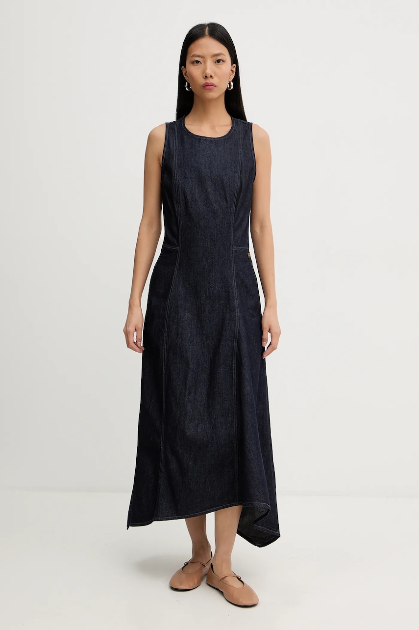 G-Star rochie jeans culoarea bleumarin, midi, evazați, D27934-E090
