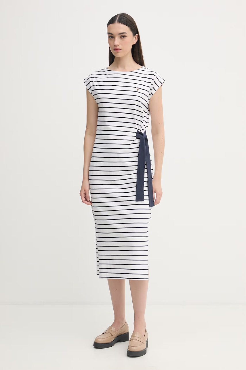 E-shop U.S. Polo Assn. šaty bavlněné GROWN ON SLEEVE TIE-DETAIL STRIPE MIDI