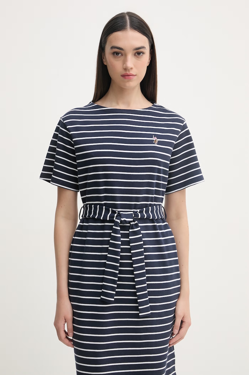 U.S. Polo Assn. šaty bavlnené BOAT NECK BOXY SLEEVE STRIPE MIDI