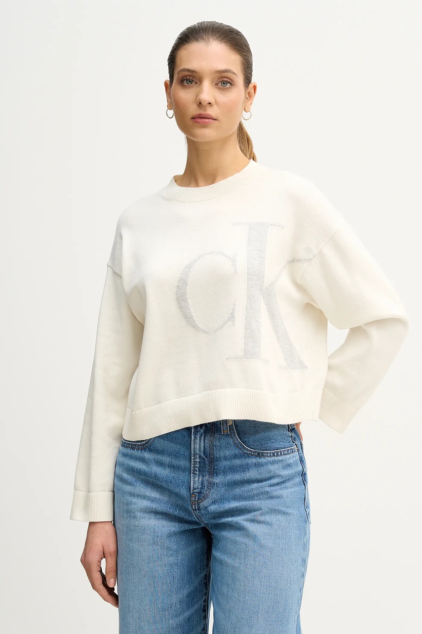 Levně Bavlněný svetr Calvin Klein Jeans dámský, béžová barva, LV047E304G