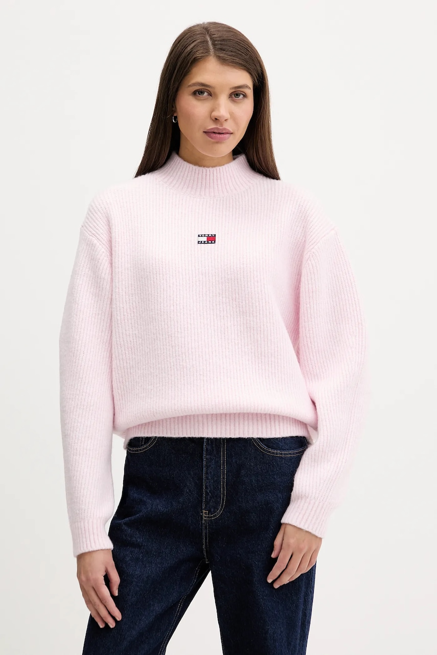 Tommy Jeans pulover din amestec de lână culoarea roz, cu turtleneck, DW0DW22109