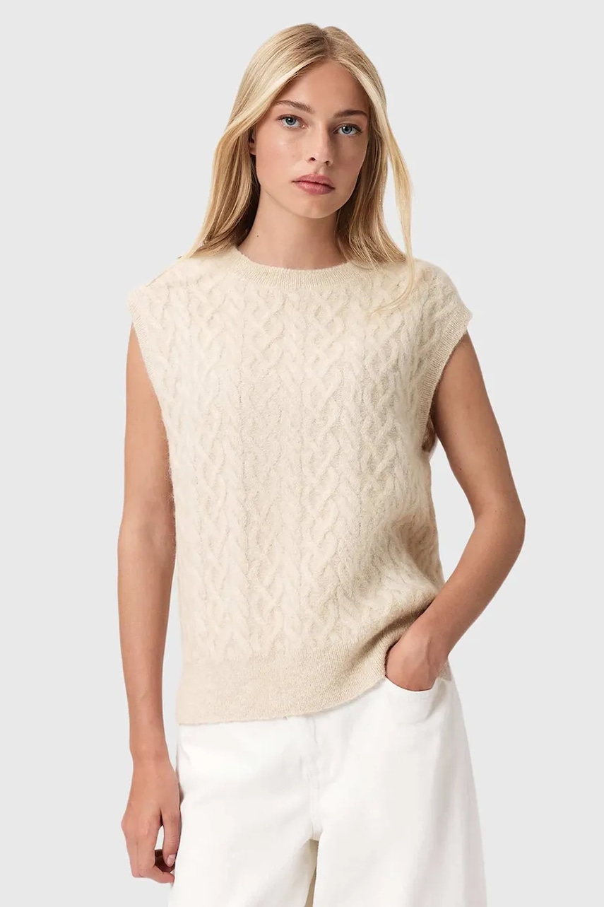 AllSaints vestă din amestec de lână culoarea bej, cu guler, W060KD