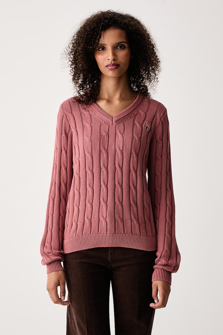 U.S. Polo Assn.  pulover pentru femei din bumbac V-NECK CABLE
