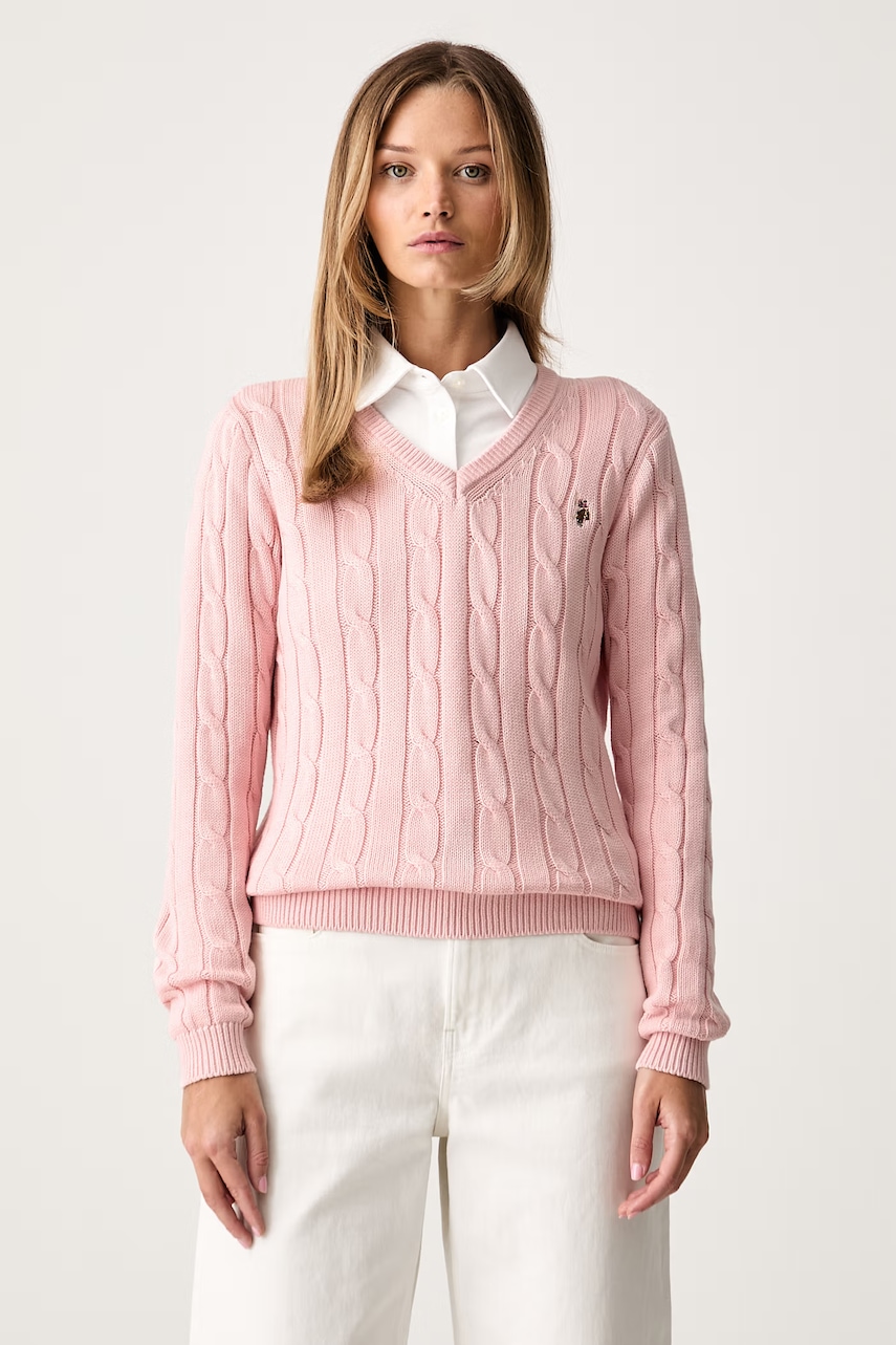 U.S. Polo Assn. sweter damski bawełniany V-NECK CABLE