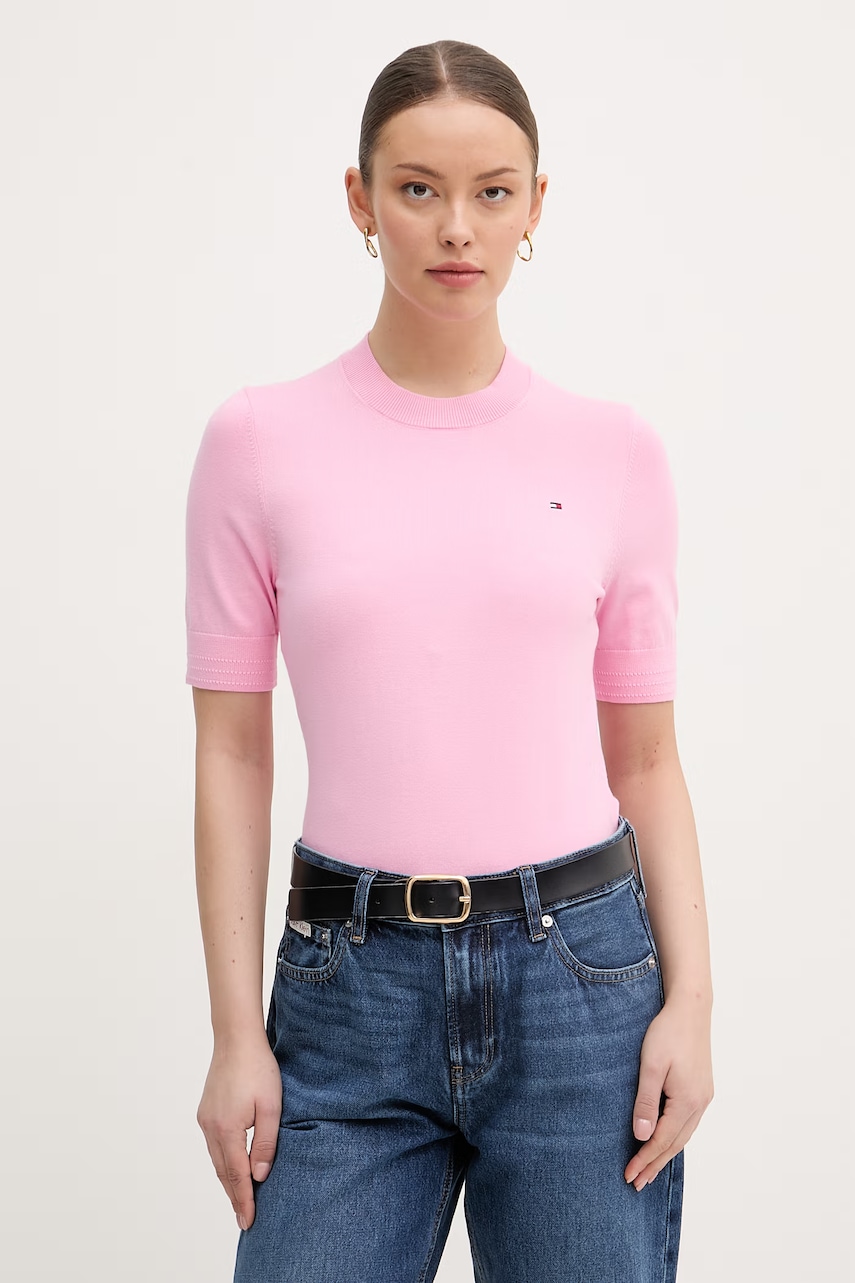 Tommy Hilfiger πλεκτό t-shirt γυναικείο με βαμβάκι WW0WW49705 ροζ L,XL,XS,S,M