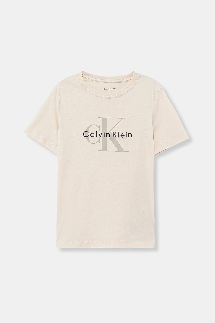Levně Dětské bavlněné tričko Calvin Klein Jeans béžová barva, s potiskem, IU0IU00715
