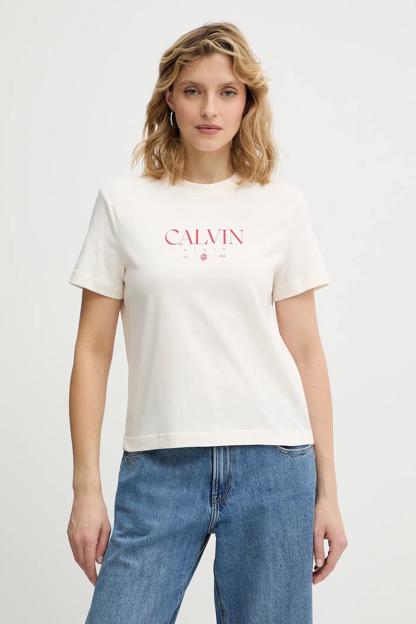 Levně Bavlněné tričko Calvin Klein Jeans dámské, béžová barva, LV047E813G