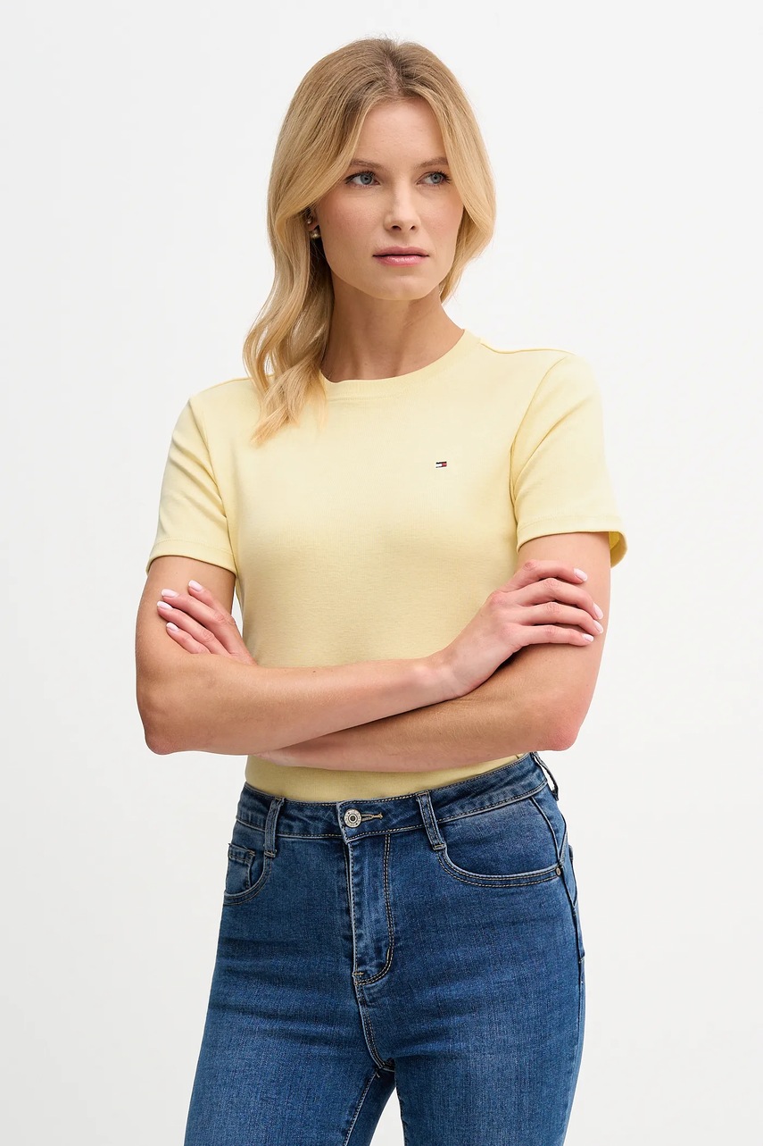 Levně Bavlněné tričko Tommy Hilfiger dámské, žlutá barva, WW0WW40587