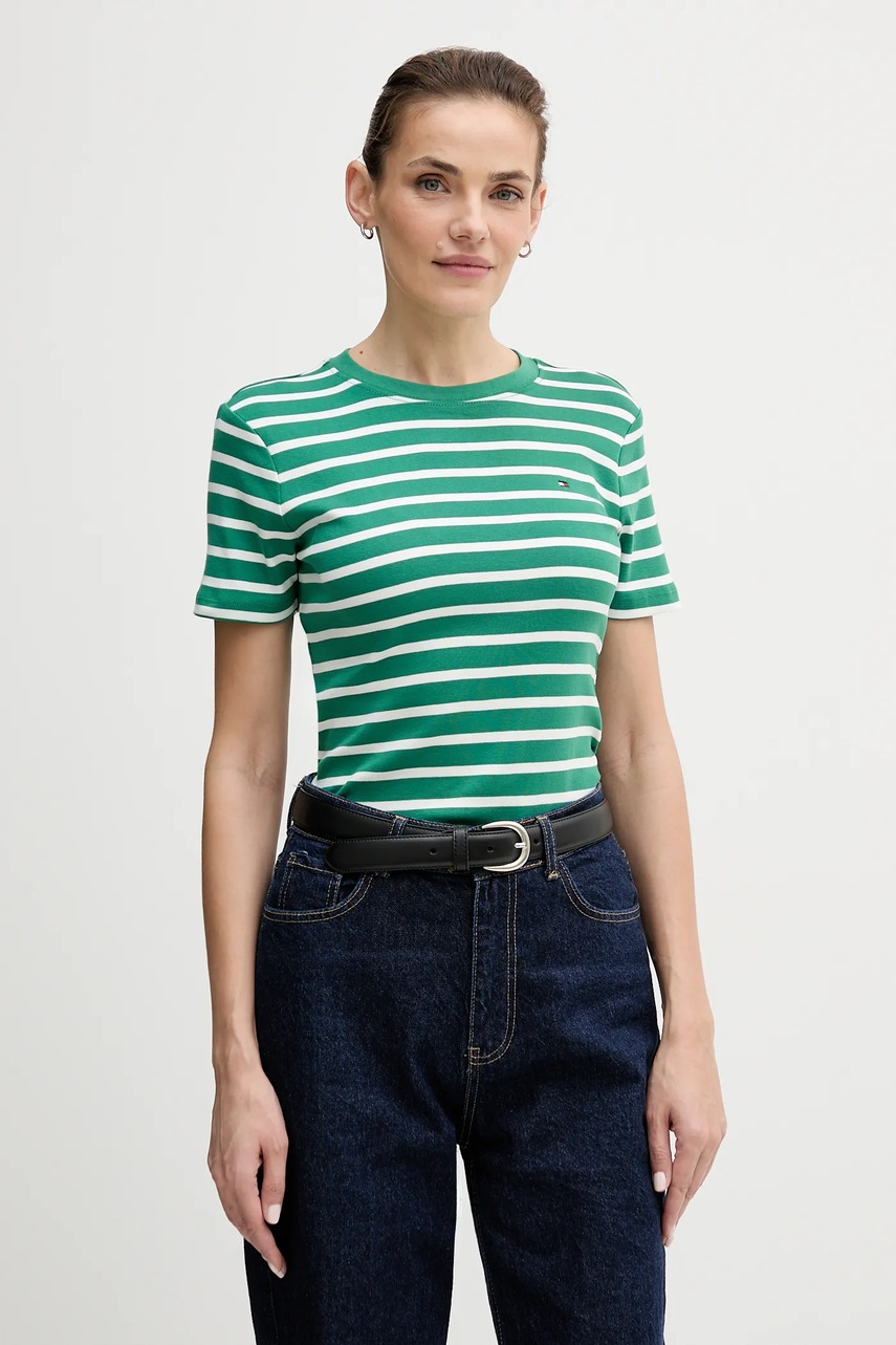 Levně Bavlněné tričko Tommy Hilfiger dámské, zelená barva, WW0WW40587