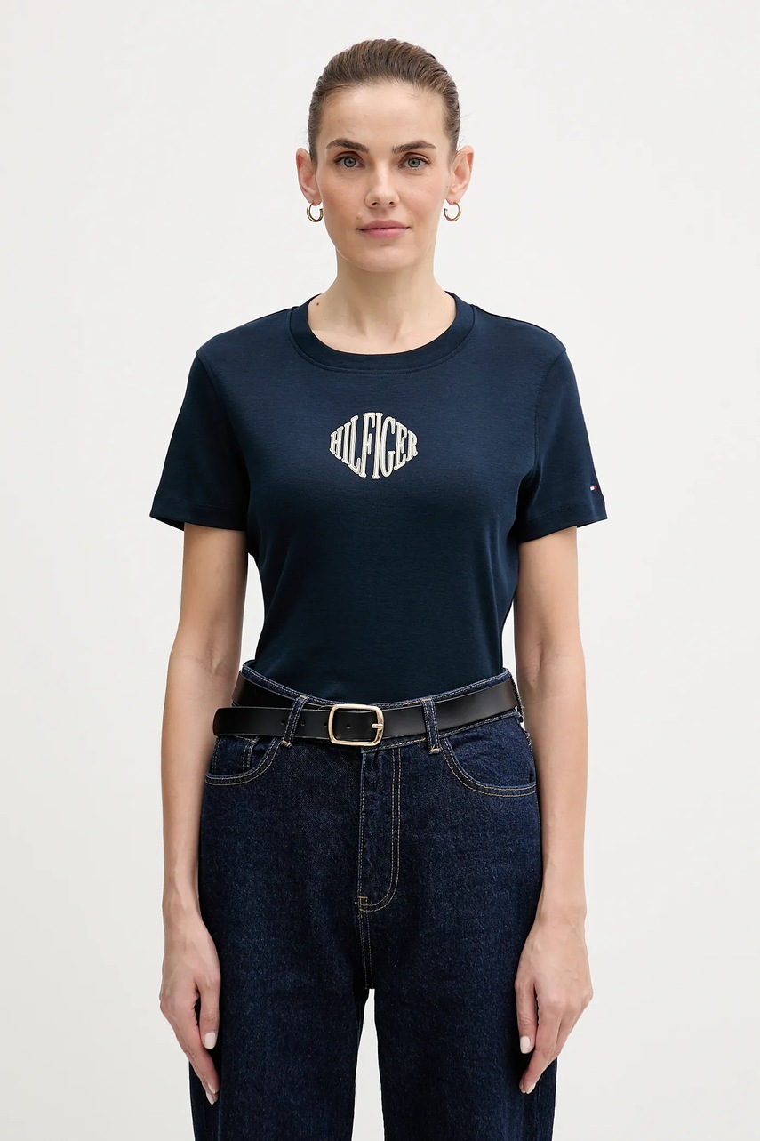 Levně Bavlněné tričko Tommy Hilfiger dámské, tmavomodrá barva, WW0WW47880