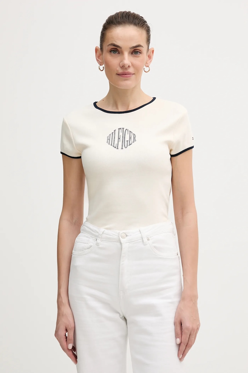 Levně Bavlněné tričko Tommy Hilfiger dámské, béžová barva, WW0WW47881