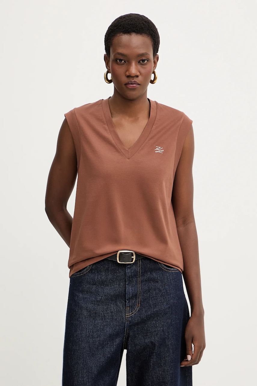 Karl Lagerfeld top din bumbac culoarea maro, B1W17012