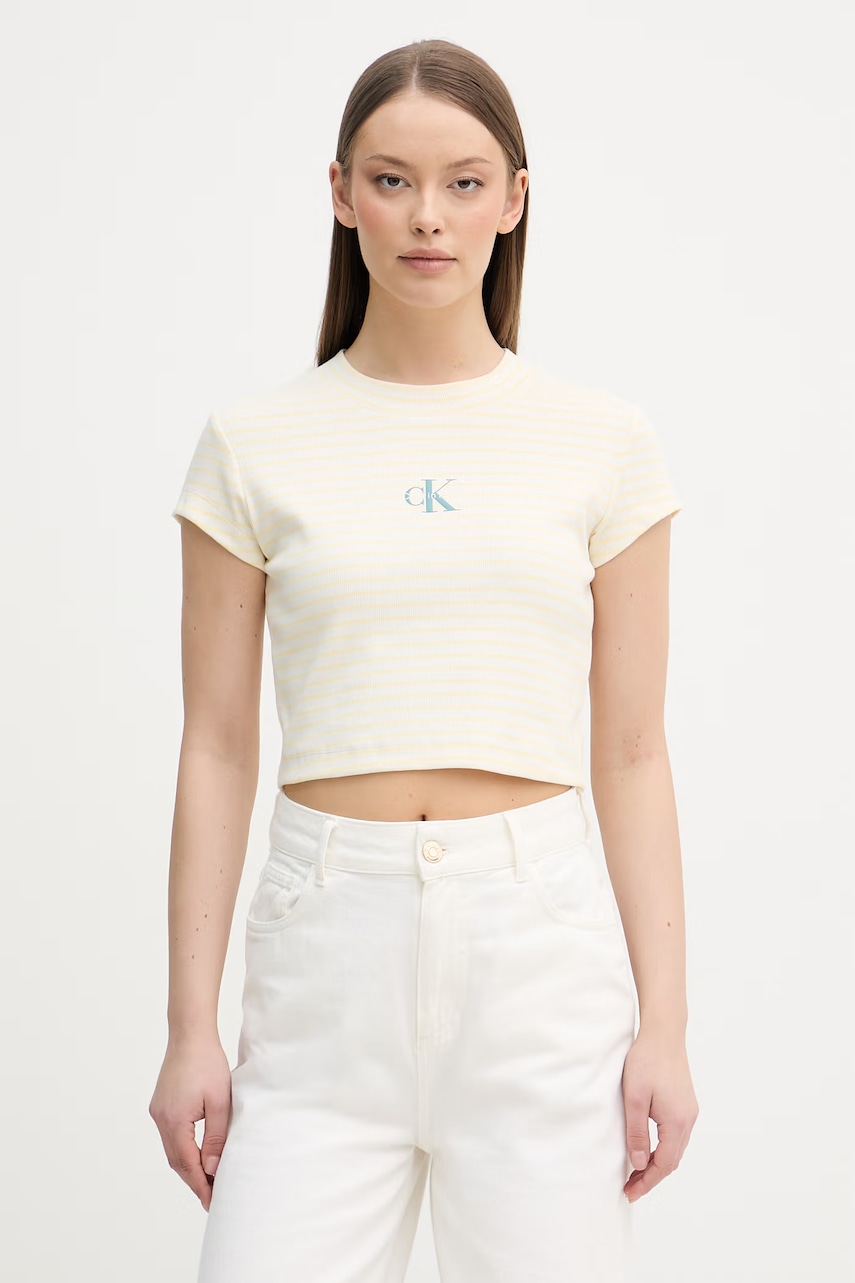 Calvin Klein Jeans crop top γυναικείο από βαμβάκι με ελαστάν LV047F833G μπεζ XS,L,M,S,XL