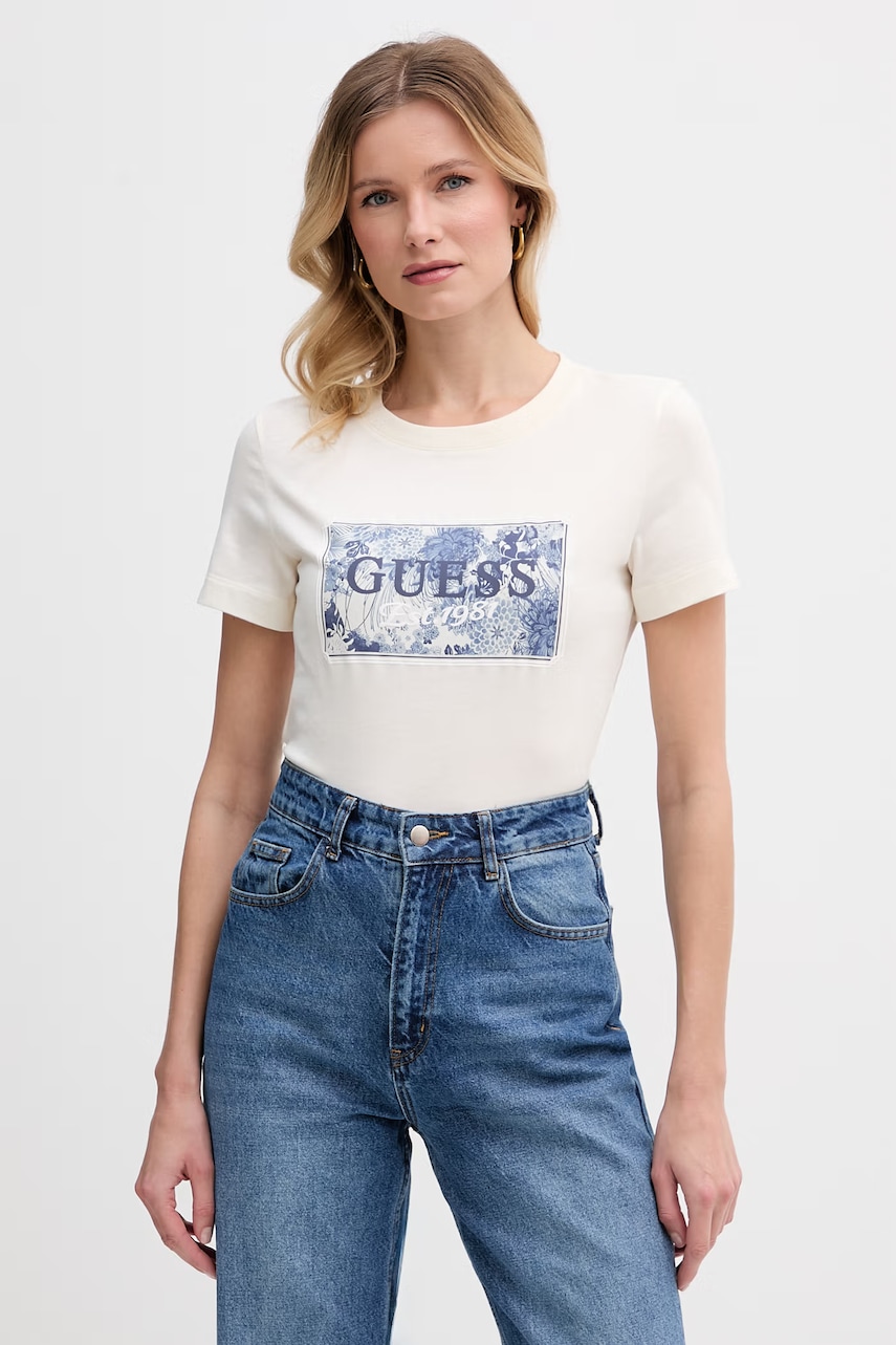 Γυναικείες κοντομάνικες μπλούζες guess σε μπεζ
