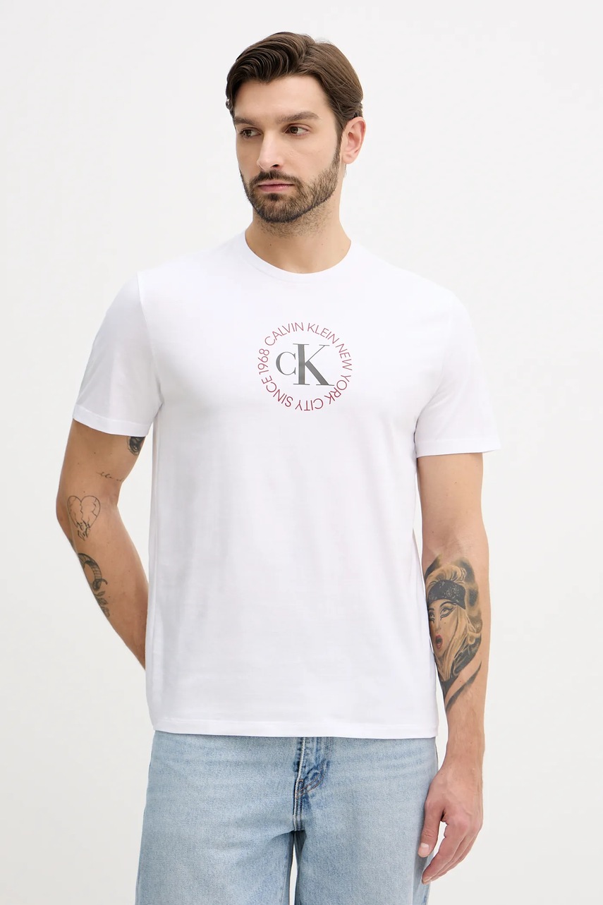 Levně Bavlněné tričko Calvin Klein Jeans pánské, bílá barva, s potiskem, LV14RE816G