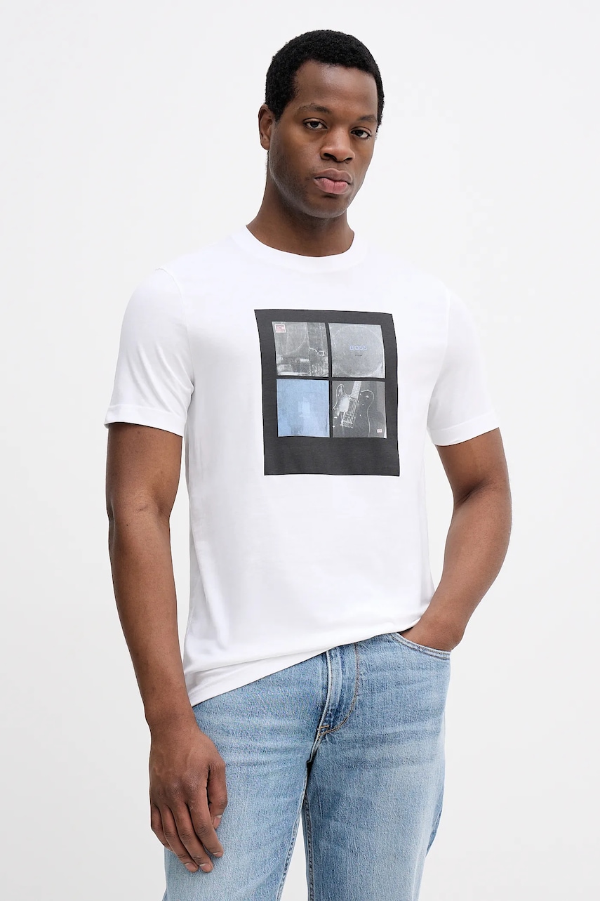 BOSS Orange tricou din bumbac culoarea alb, cu imprimeu, 50556024