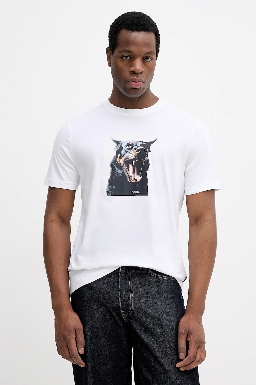 BOSS Orange tricou din bumbac culoarea alb, cu imprimeu, 50558965