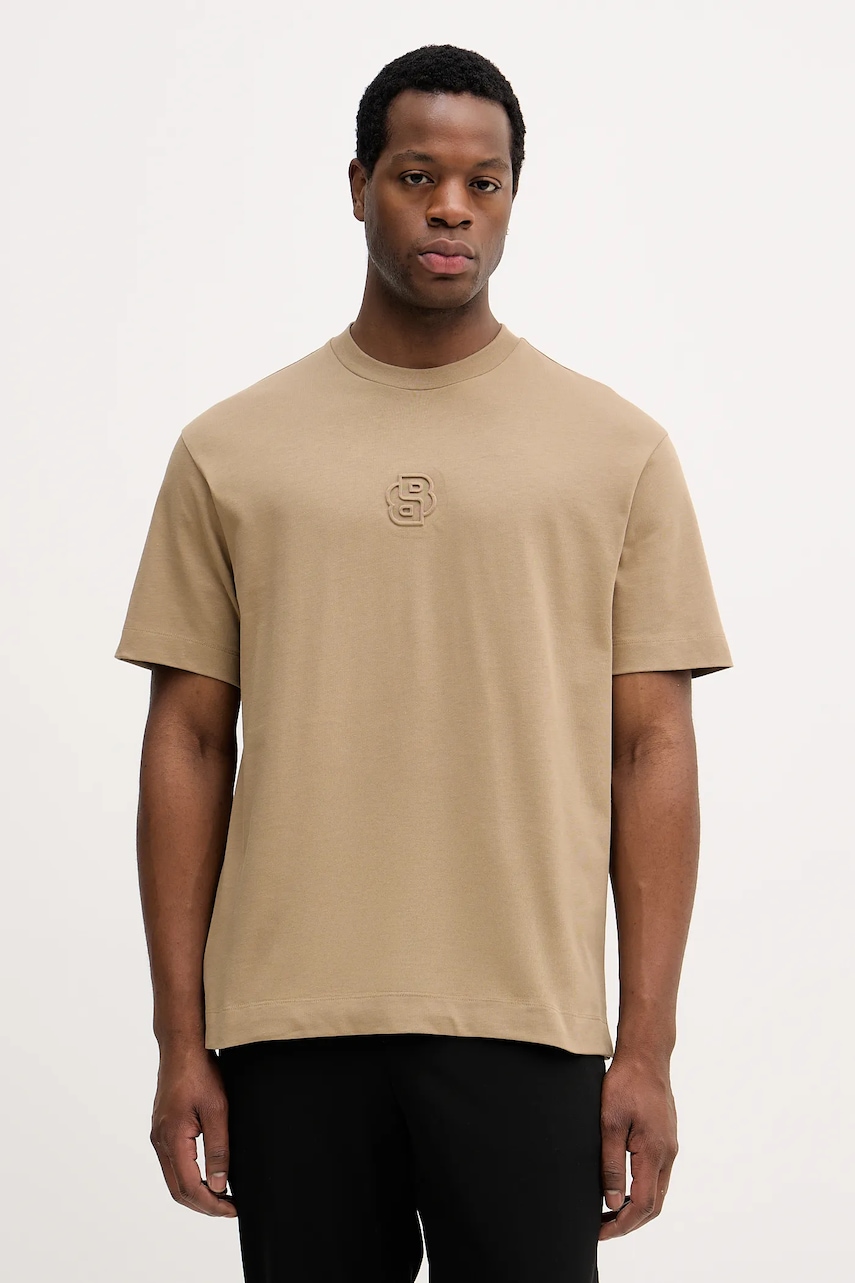 BOSS tricou din bumbac culoarea bej, cu imprimeu, 50555106