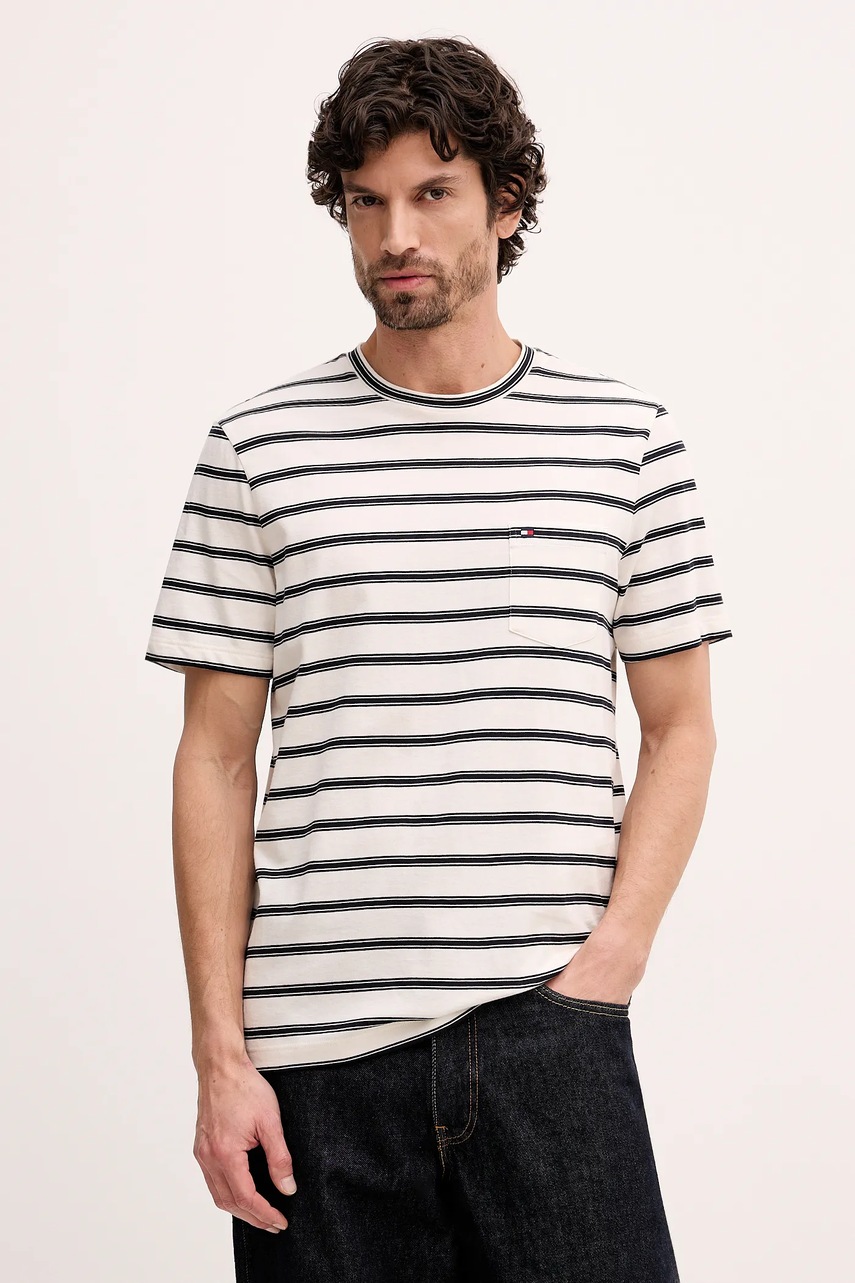 Levně Bavlněné tričko Tommy Hilfiger pánské, béžová barva, MW0MW41378